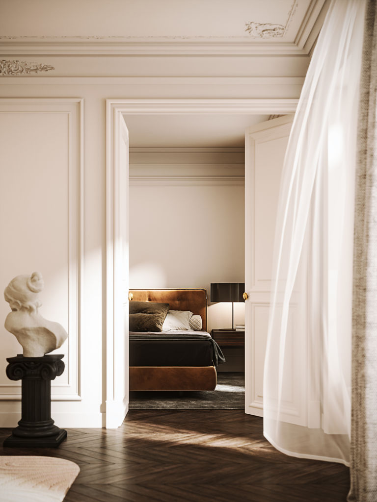 Contemporary home interior with soft neutral textiles