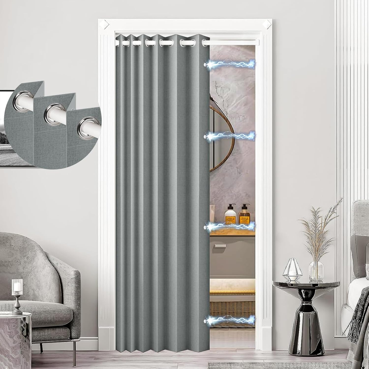 Magnetic Blackout Door Curtain, Grey